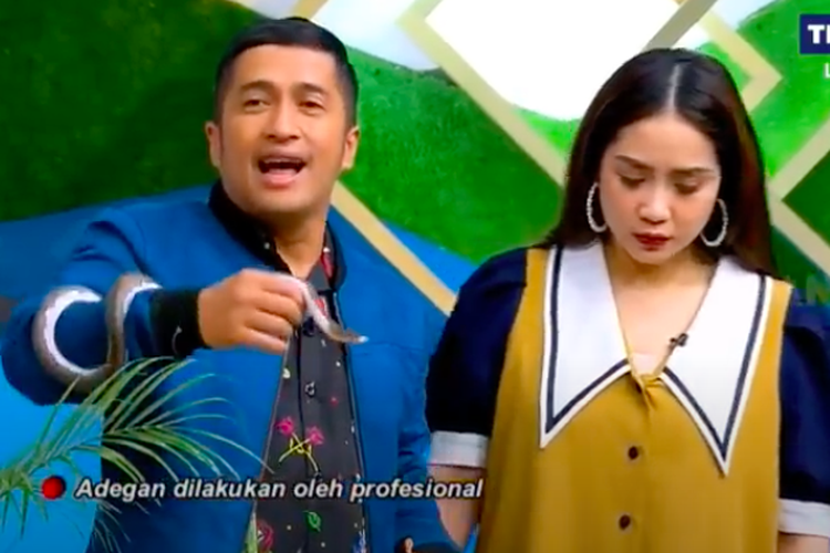 Irfan Hakim saat memperlihatkan ular peliharannya pada Nagita Slavina di acara Okay Bos Trans7