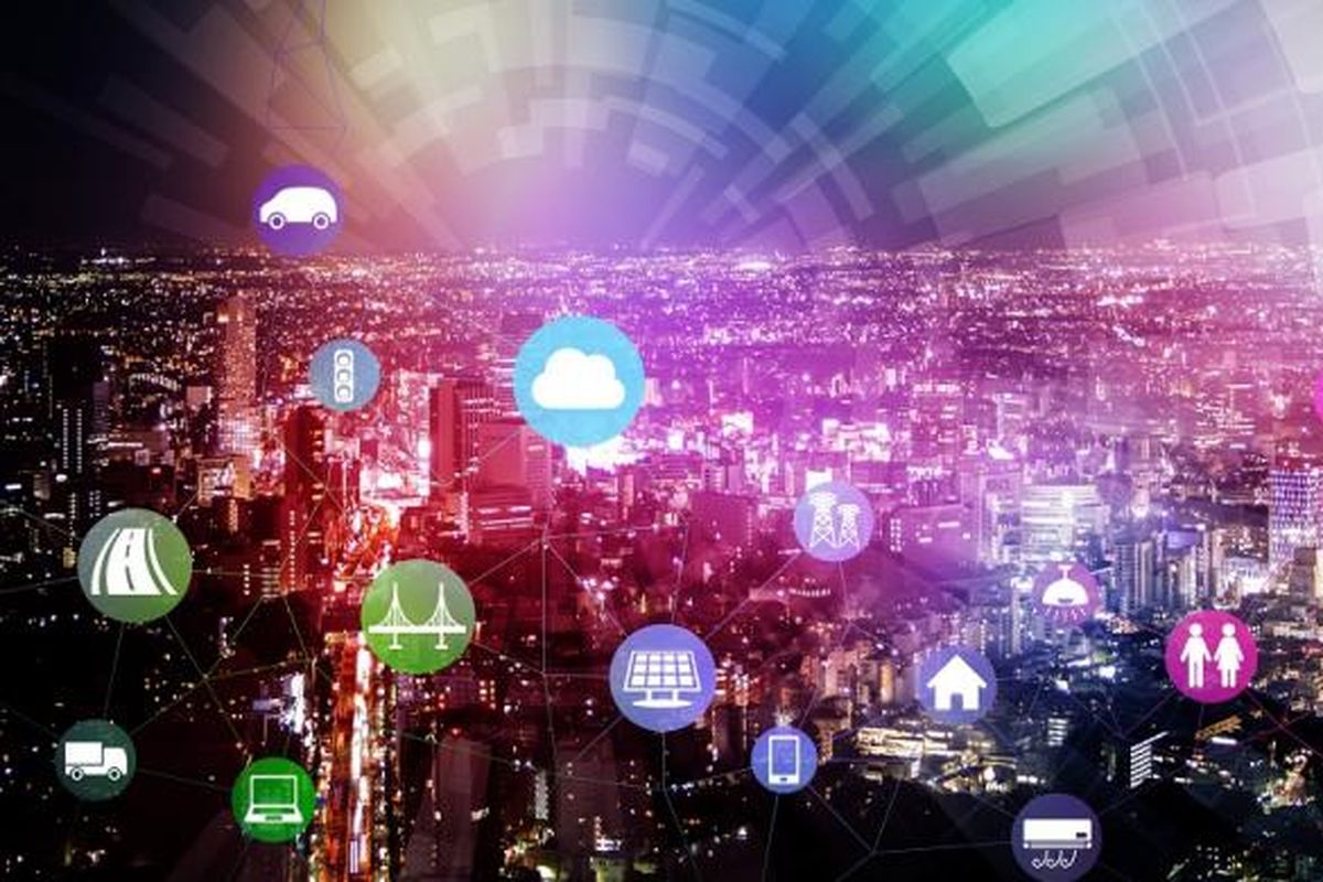 Ilustrasi smart city sebagai pengaplikasian internet of things.