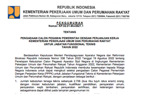 Kementerian PUPR Buka 1.000 Formasi PPPK Teknis 2022, Cek di Sini