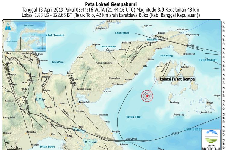 Peta lokasi gempa bumi susulan yang terjadi di Teluk Tolo yang dilaporkan BMKG Sulawesi Tengah