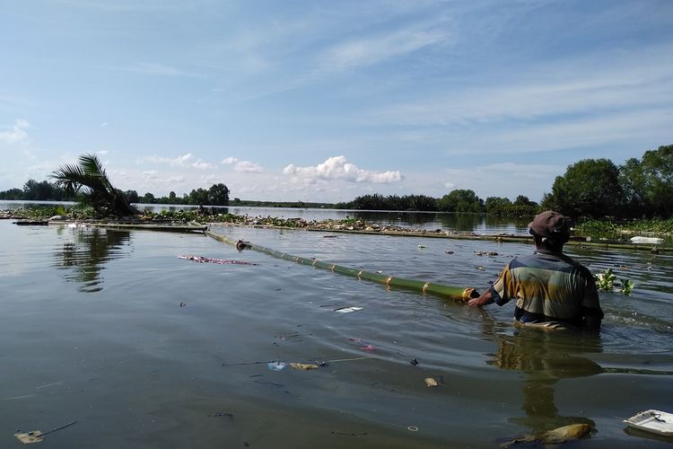 K. Siregar mengikat bambu untuk menghalau sampah dan bangkai babi mendekat ke lokasi wisata Danau Siombak. Cara tersebut cukup efektif namun bangkai babi terus berdatangan saat air laut pasang.