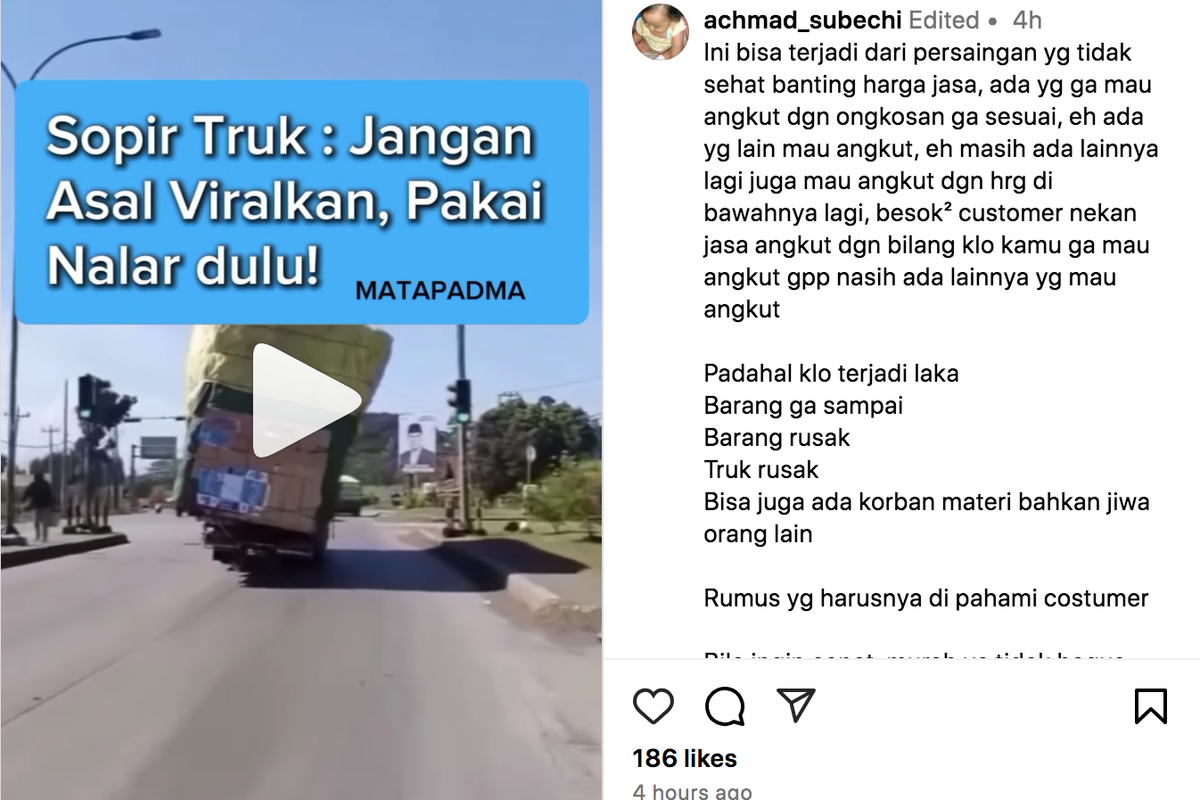 Video sopir yang mengendarai truk kelebihan muatan itu juga menunjukkan protes karena dibilang berbahaya