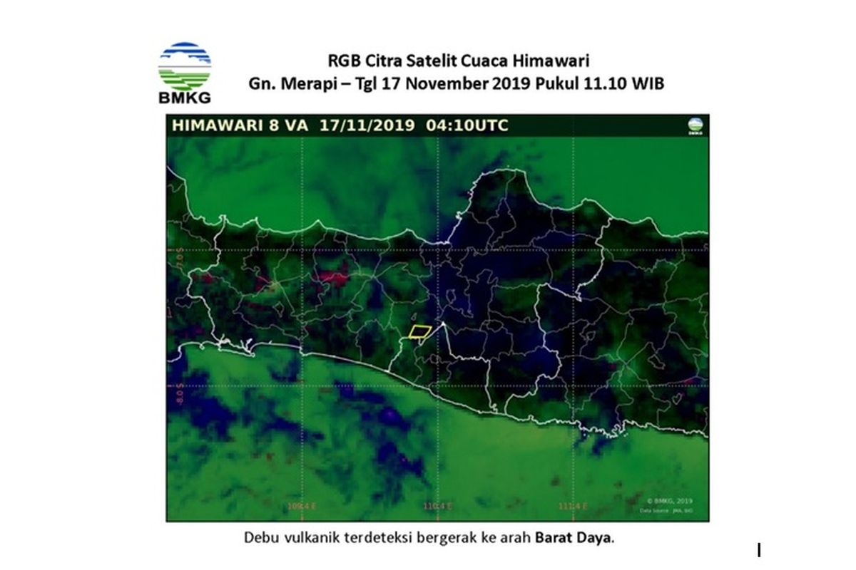 Lokasi Gunung Merapi pada Minggu, (17/11/2019) pukul 11.10 WIB, debu vulkanik terdeteksi bergerak ke arah Barat Daya.