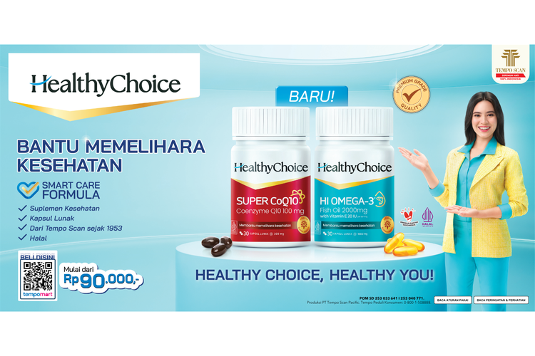 Bagi yang kesulitan memenuhi asupan omega-3 dan CoQ10 dari makanan sehari-hari, kini tersedia pilihan suplemen praktis seperti Healthy Choice dengan formula yang disesuaikan kebutuhan kesehatan  tubuh. 