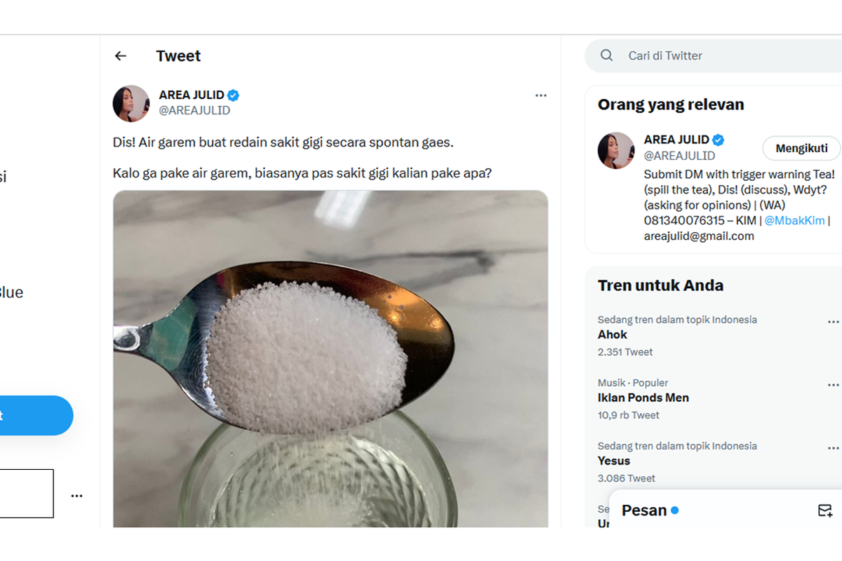 Tangkapan layar unggahan menyebut air garam dapat meredakan sakit gigi secara spontan