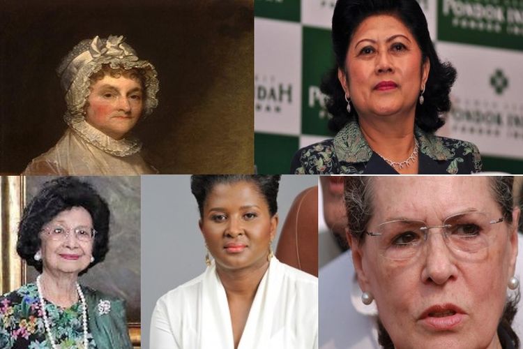 Abigail Adams (kiri atas), Ani Yudhoyono (kanan atas), Siti Hasmah Mohamad Ali (kiri bawah), Monica Geingos (tengah bawah), Sonia Gandhi (kanan bawah). 