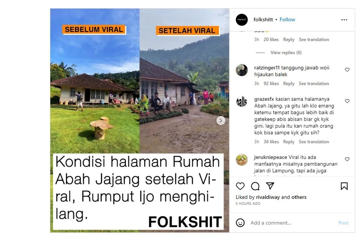 Pasca video rumahnya viral dan menjadi perbincangan publik, kondisi pekarangan rumah Abah Jajang (73) di Kabupaten Cianjur, Jawa Barat, tampak rusak.