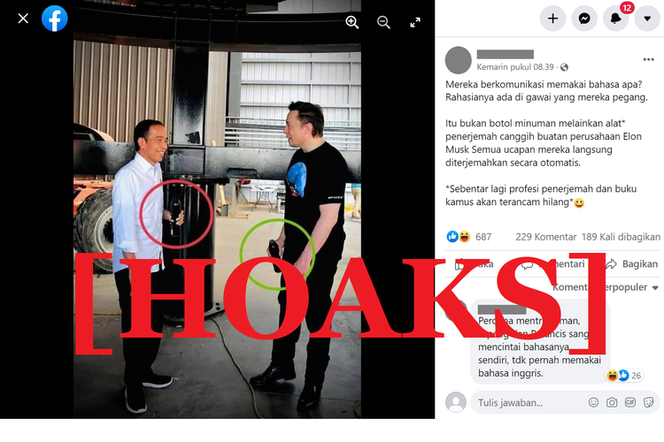 Tangkapan layar unggahan hoaks di sebuah akun Facebook, mengenai alat penerjemah canggih berbentuk botol yang dipegang Jokowi dan Elon Musk.