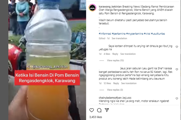 Tangkapan layar video viral, warna Pertalite di SPBU Karawang seperti minuman berperasa jeruk sebabkan motor mogok