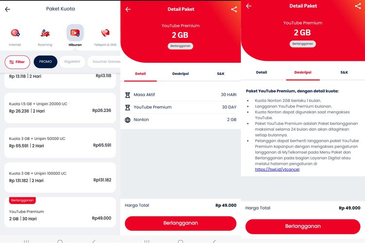 Paket YouTube Premium Telkomsel seharga Rp 49.000 per bulan nett. Pengguna mendapatkan akses premium ke YouTube, YouTube Music, dan YouTube Kids, dengan tambahan kuota 2 GB untuk 30 hari.