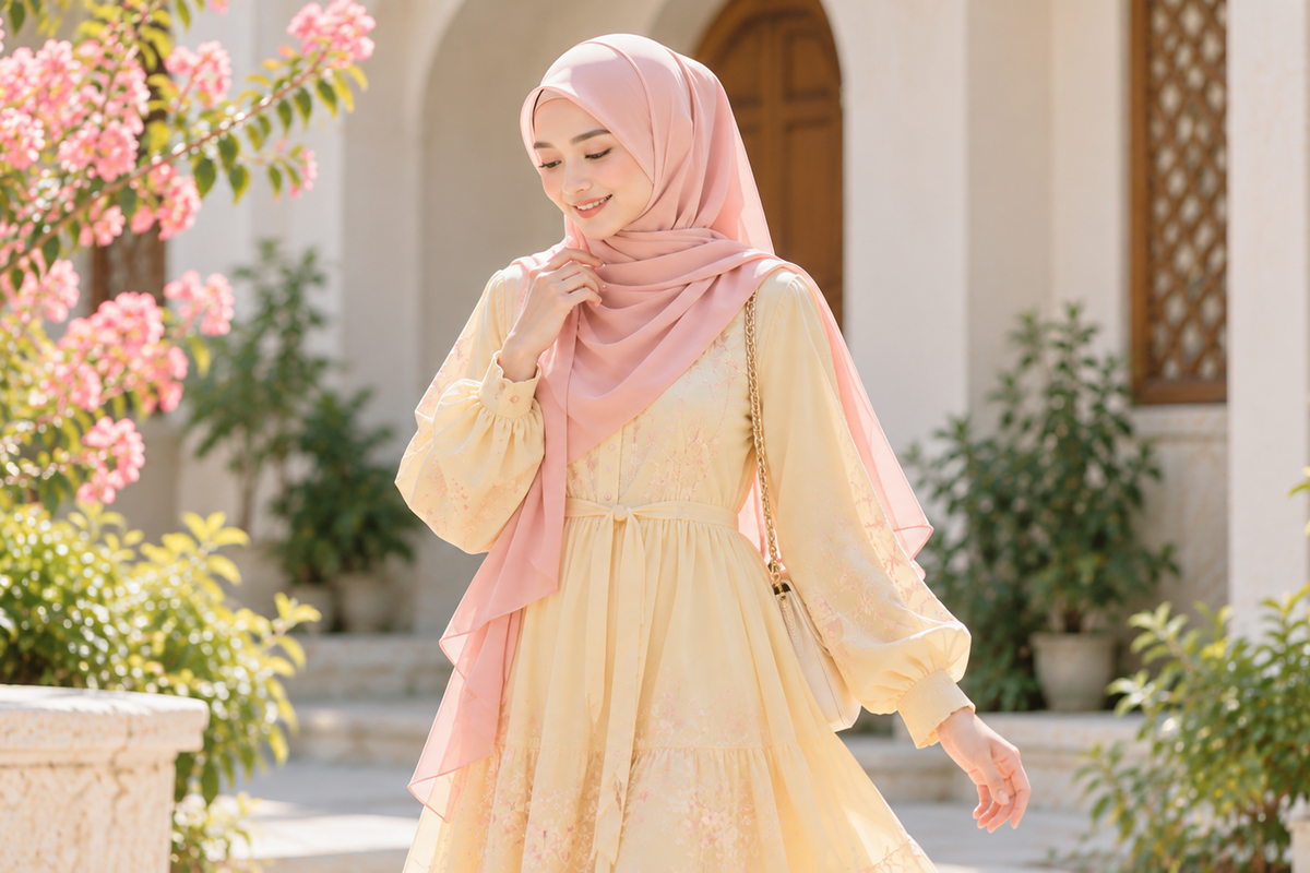 Ilustrasi tren baju lebaran butter yellow dan soft pink