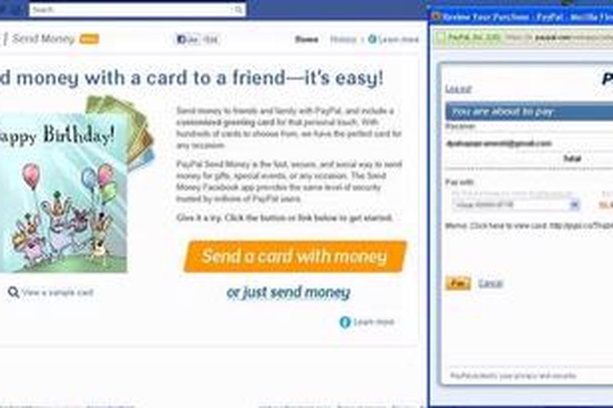 Halaman Facebook yang menampilkan aplikasi Send Money untuk pengiriman uang tunai secara online.