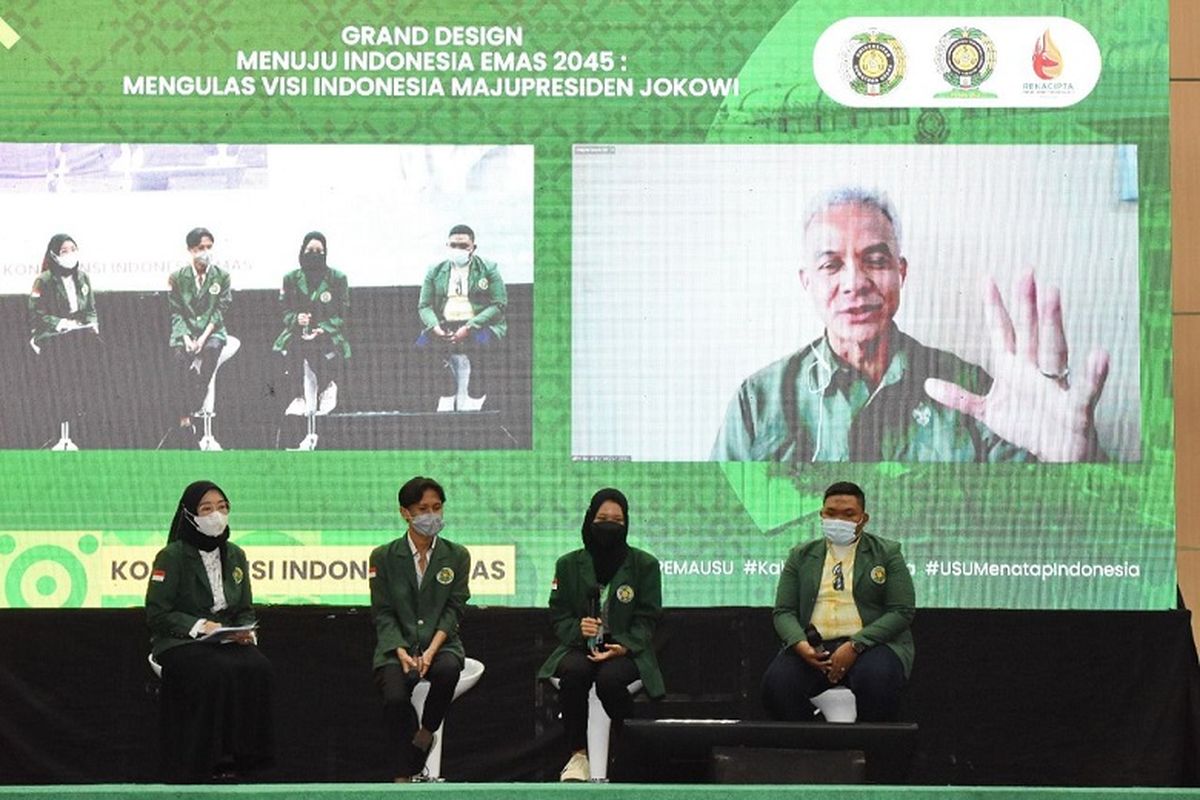 Ganjar Pranowo menjadi narasumber dalam Konferensi Indonesia Emas yang digelar di Auditorium Universitas Sumatera Utara (USU), Minggu (9/1/2022)