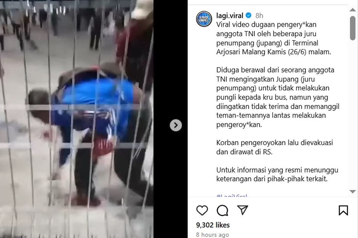 Prajurit TNI Angkatan Laut menjadi korban pengeroyokan brutal oleh sekelompok juru panggil penumpang (jupang) di Terminal Arjosari, Kota Malang, Jawa Timur, Kamis (26/6/2025).
