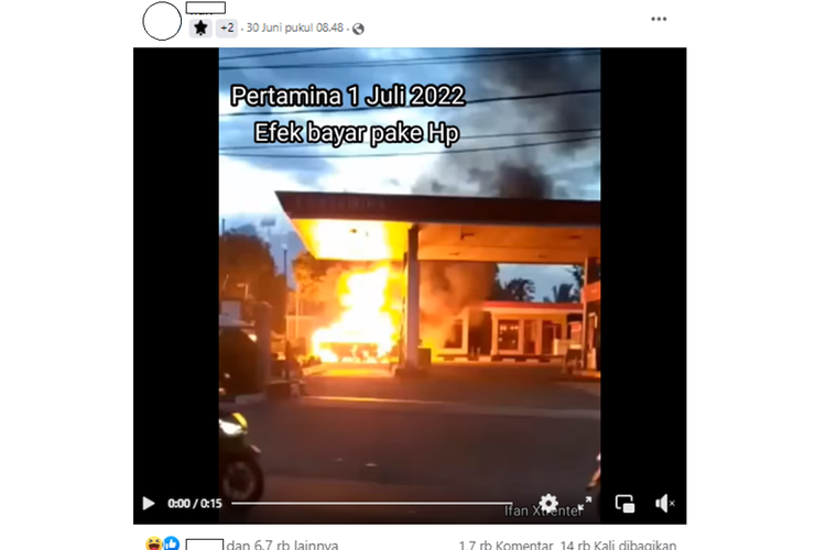 Tangkapan layar unggahan video video yang memperlihatkan kebakaran di area SPBU disebut efek pembayaran menggunakan ponsel.