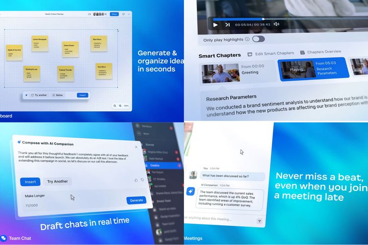 Kumpulan fitur AI Companion. Asisten AI Zoom ini bisa memberikan ringkasan rapat, draf obrolan pesan, serta highlight video Zoom meeting.