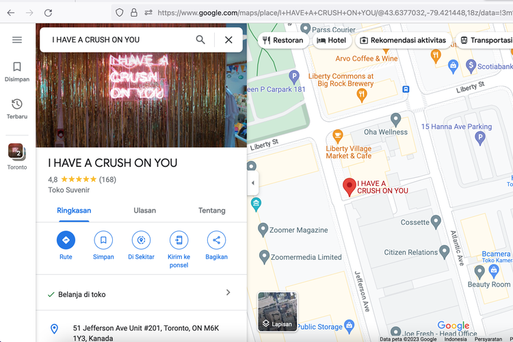 Cek alamat 51 Jefferson Ave Toronto on M6K 1Y3 Canada di Google Maps yang memuat toko bernama I Have Crush on You.