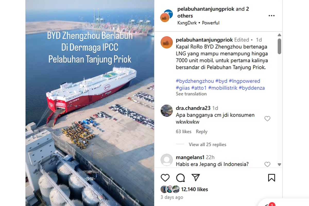 Kapal BYD Zhengzhou Bawa Ribuan Mobil Listrik BYD ke Jakarta