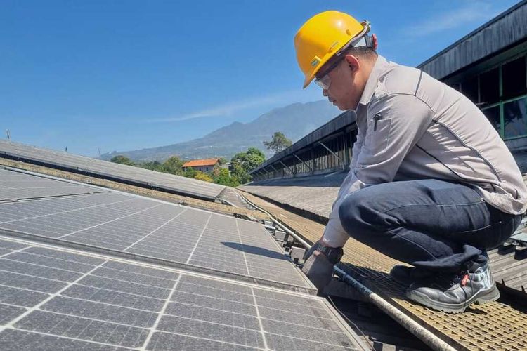 Pegawai pabrik Sido Muncul mengecek panel surya yang dipasang di atap pabrik, Minggu (13/8/2023).
