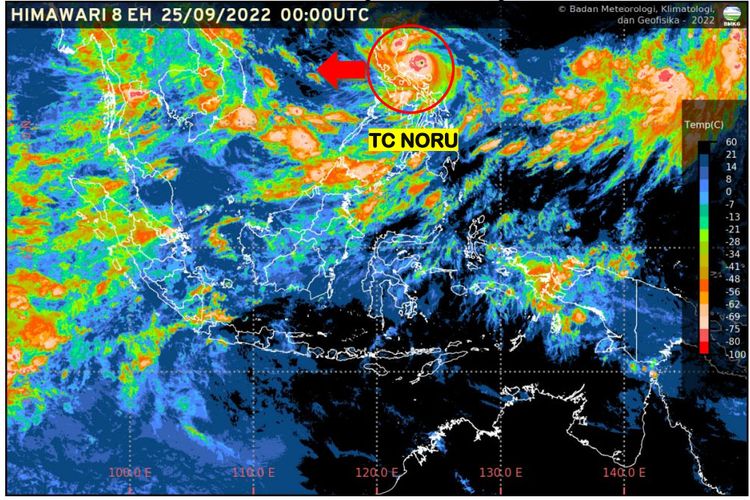 Siklon Tropis Noru dilihat dari Citra Satelit 25 September 2022. Setelah menghantam Filipina, Topan Super Noru diperkirakan akan menerjang Vietnam.