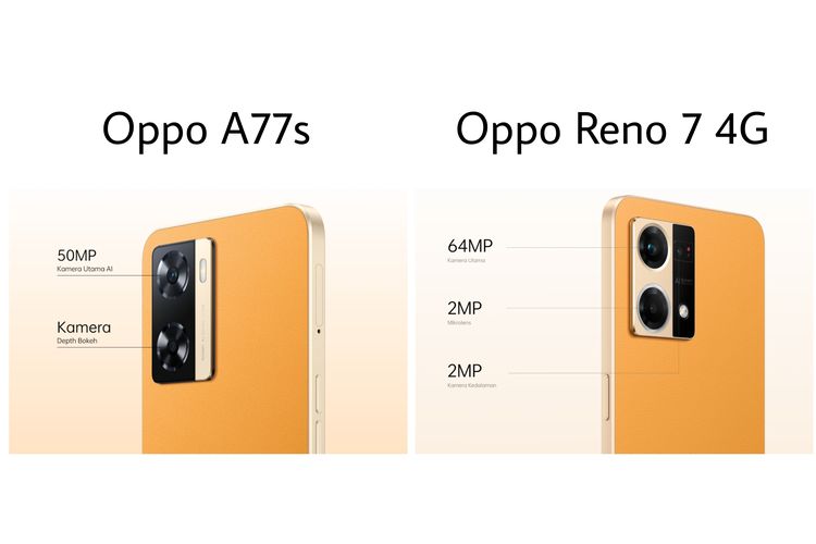 Perbandingan desain dan konfigurasi kamera belakang pada Oppo A77s (kiri) dan Oppo Reno 7 4G (kanan).