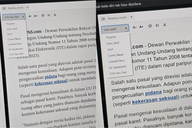 Tampilan menu font, ukuran font, warna latar, dan jarak huruf dan baris di jendela reading mode di Google Chrome.