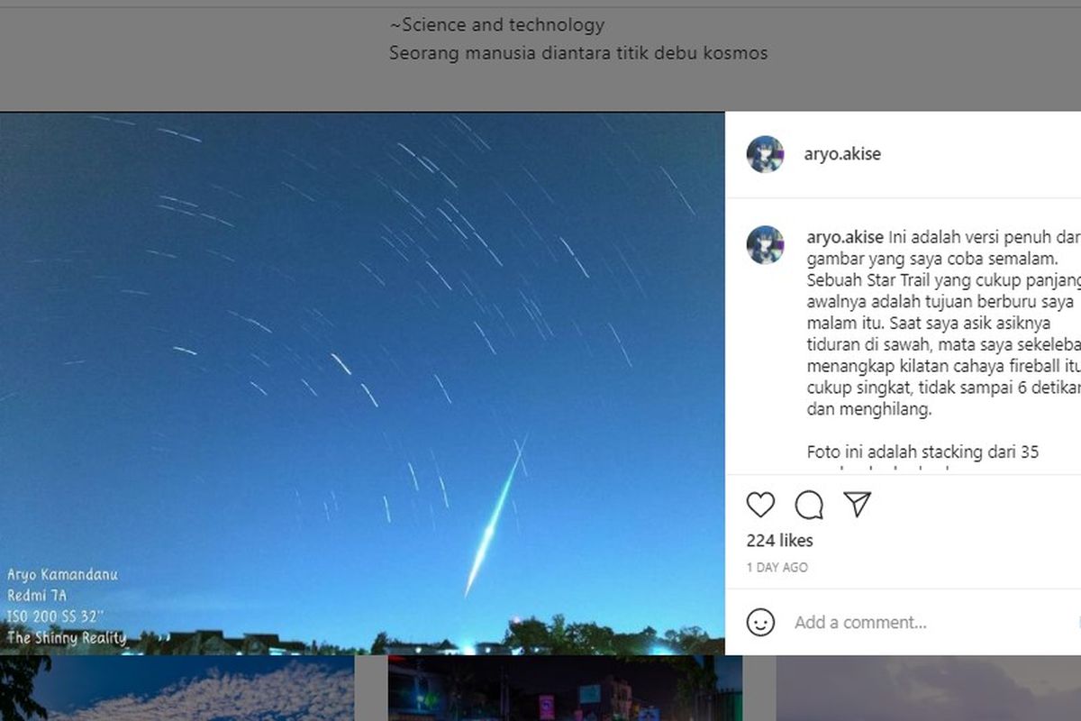 Tangkapan layar Instagram Meteor Terang (Fireball) jatuh di Bantul, Yogyakarta. Foto penampakan meteor jatuh ini diambil oleh Aryo Kamandanu dan diunggah ke akun Instagram pribadinya @aryo.akise.