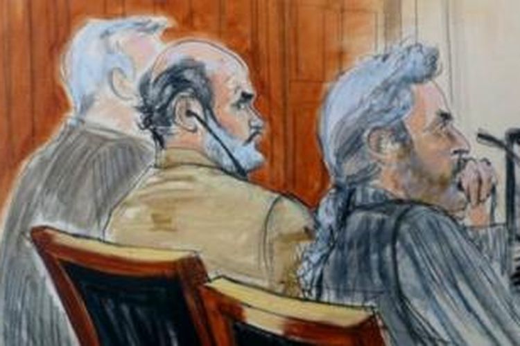 Dalam lukisan pengadilan ini, nampak Abu Ghaith (47) -menantu Osama bin Laden- disidangkan di New York karena diduga terlibat dalam serangan maut ke menara kembar WTC pada 11 September 2001 yang memicu perang global melawan terorisme.