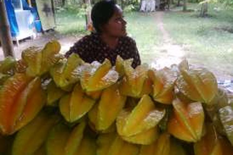 Pemilik kebun Belimbing memamerkan dagangannya di kebun Belimbing Ngringinrejo, Kecamatan Kalitidu, Kabupaten Bojonegoro, Jawa Timur.