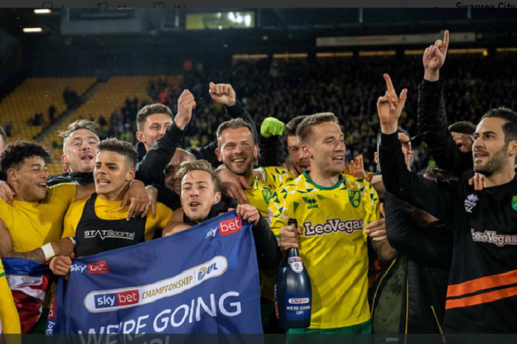 Norwich City meraih tiket promosi ke Premier League, kasta teratas Liga Inggris, 27 April 2019. 