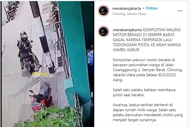 Maling menodongkan pistol saat tepergok hendak mencuri sepeda motor di kawasan Semper Barat, Cilincing, Jakarta Utara. Kedua pelaku lalu kabur.