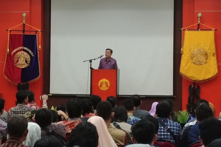 Mantan Wakil Presiden Boediono di Universitas UI, Jumat (13/4/2018).