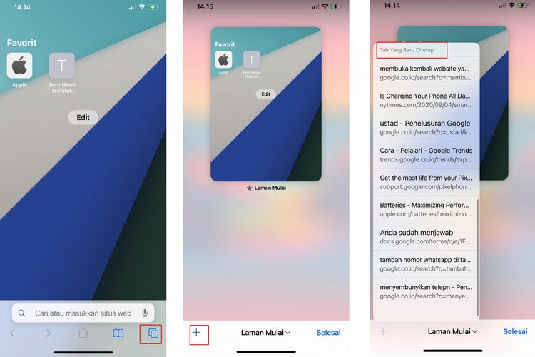 Ilustrasi cara membuka kembali tab yang tertutup di Safari iPhone.
