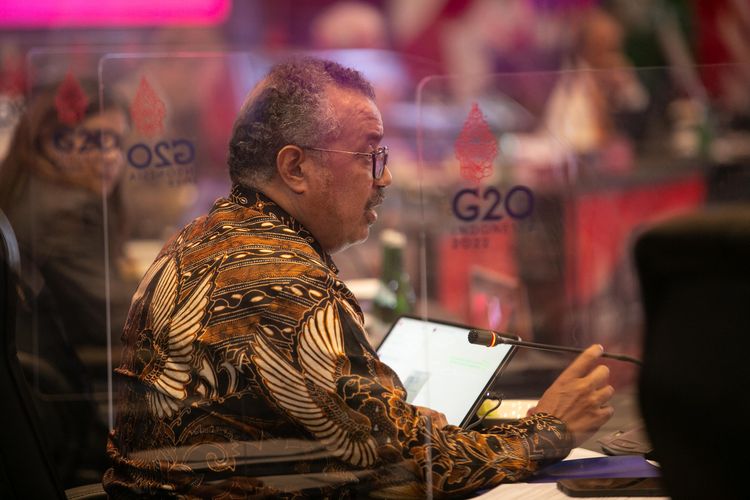 Dirjen WHO Tedros Adhanom Ghebreyesus menyampaikan paparan saat pertemuan Health Ministerial Meeting (HMM) G20 Indonesia di Sleman, DI Yogyakarta, Senin (20/6/2022). Pertemuan pertama pada sesi terakhir Health Ministerial Meeting (HMM) G20 tersebut membahas tentang penanganan penyakit tuberkulosis dan memperkuat konsep 'one health' untuk mitigasi pandemi di masa depan. 