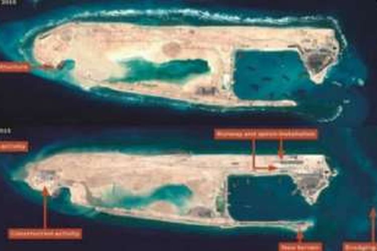 Citra satelit pulau karang Fiery Cross Reef yang dipublikaikan tahun lalu