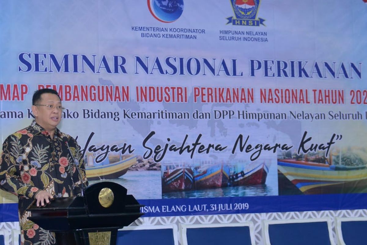 Ketua DPR RI Bambang Soesatyo saat menjadi keynote speaker Seminar Nasional Road Map Pembangunan Perikanan Nasional 2020-2024, di Jakarta, Rabu (31/07/19).
