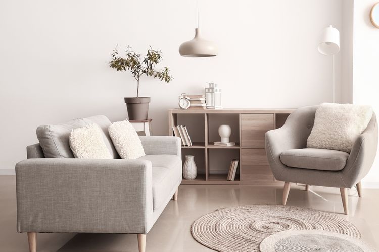 Ilustrasi ruang tamu minimalis, sofa di ruang tamu minimalis. 