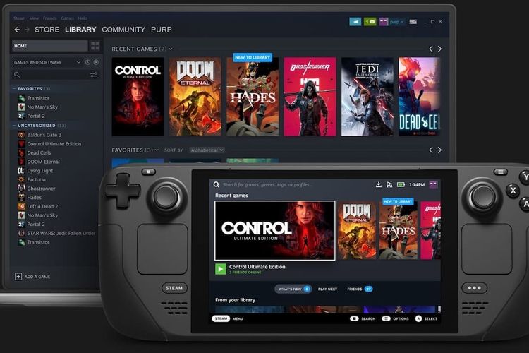Ilustrasi platform Steam dan konsol Steam Deck.