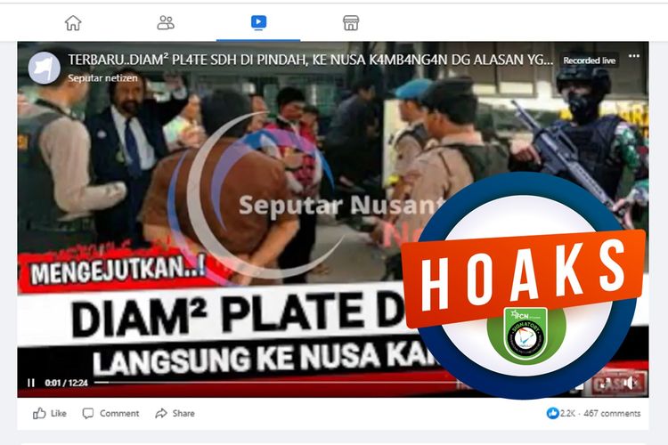 Tangkapan layar Facebook narasi yang menyebut Johnny G Plate dipindah ke Lapas Nusakambangan