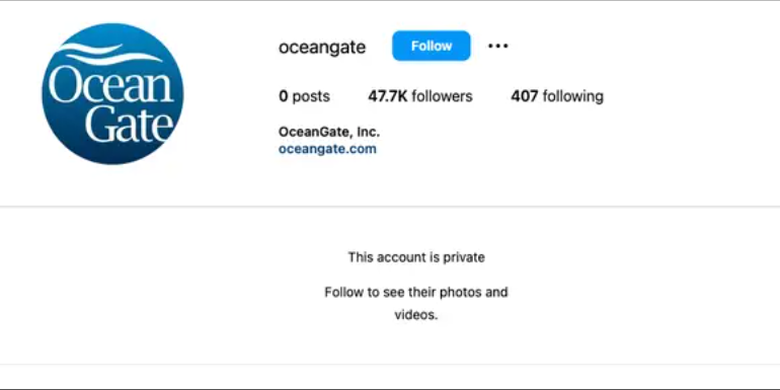 Tampilan akun Instagram OceanGate yang berubah privat setelah kecelakaan kapal selam Titan.