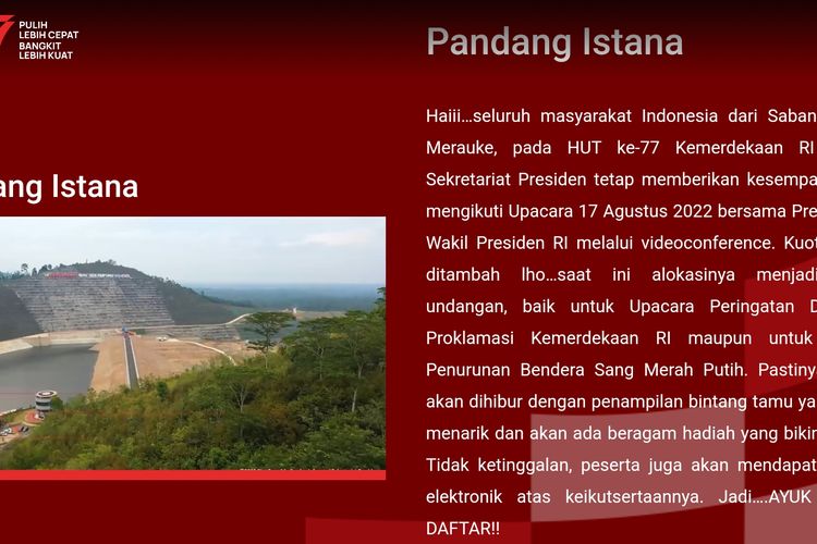 Cuplikan laman resmi pendaftaran upacara kemerdekaan dalam rangak HUT ke-77 RI, yang dapat diakses melalui pandang.istana presiden.go.id.