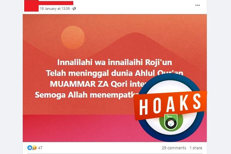  Tangkapan layar Facebook narasi yang menyebut KH Muammar ZA meninggal 