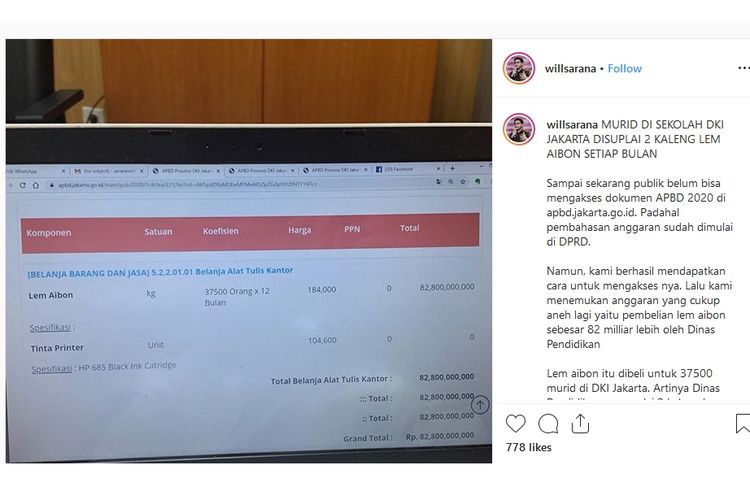 Pemprov menganggarkan Rp 82 miliar untuk pembelian lem Aibon dalam program belanja alat tulis kantor untuk SD Negeri di Jakarta Barat tahun 2020. Hal itu disampaikan anggota DPRD DKI, William Aditya Sarana dalam akun Instagramnya @willsarana.