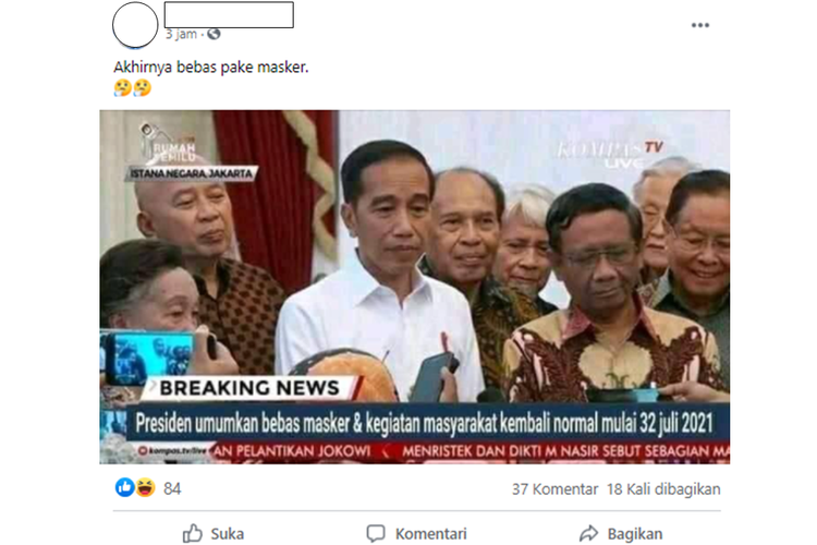 Tangkapan layar unggahan dengan klaim Presiden Joko Widodo mengumumkan Indonesia bebas masker dan kegiatan masyarakat kembali normal.