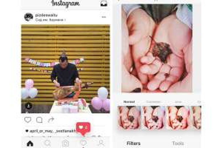 Tampilan antarmuka Instagram dengan warna hitam-putih yang sedang diuji oleh Instagram untuk beberapa pengguna terpilih.