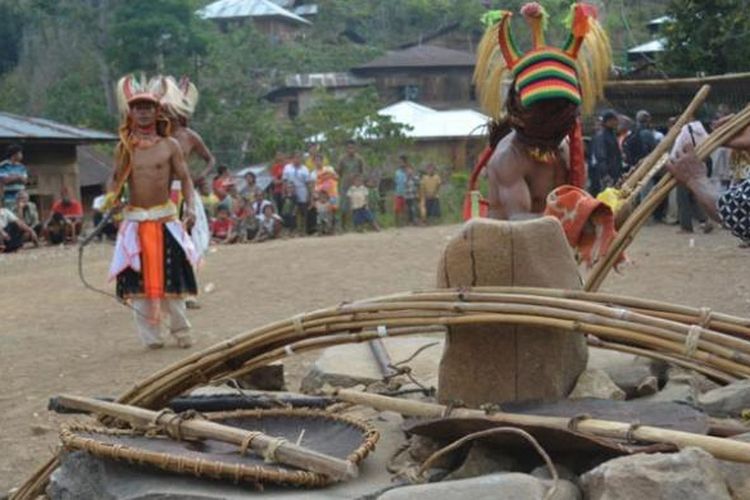 Tetua adat menyerahkan alat tari Caci pada acara Poka Kaba Congko Lokap di Kabupaten Manggarai Timur, Nusa Tenggara Timur.