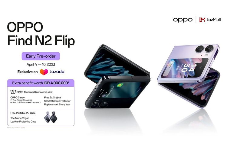 Pada momen exclusive early pre-order online Oppo Find N2 Flip, konsumen bisa mendapatkan total benefit senilai Rp 4 juta berupa Portable PU Case dan Oppo Premium Service. 