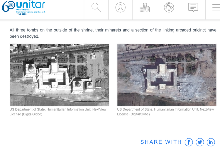 Tangkapan layar situs UNITAR, membandingkan foto tempat suci Uwais al-Qarni di Raqqa sebelum dan sesudah dibom oleh ISIS.