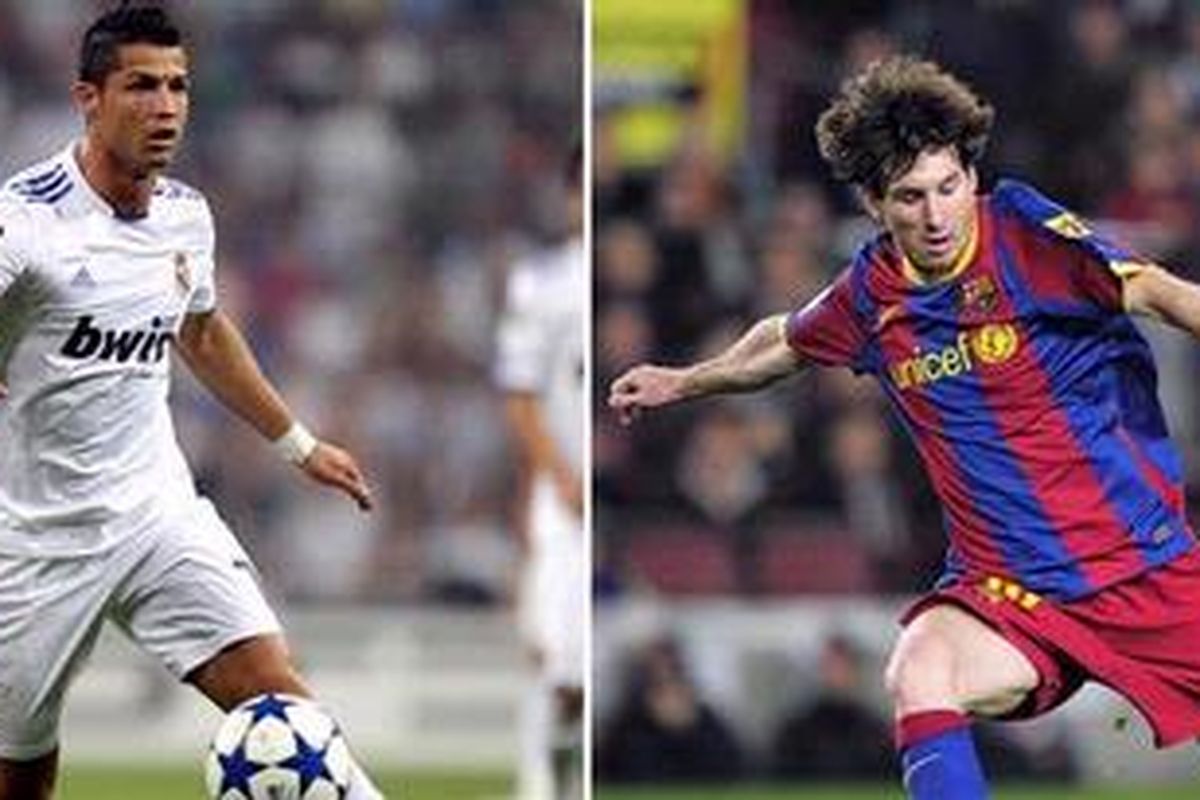 Bintang Real Madrid, Cristiano Ronaldo, dan penyerang Barcelona, Lionel Messi, akan kembali berhadapan di Piala Super Spanyol, Rabu (22/8/2012). 