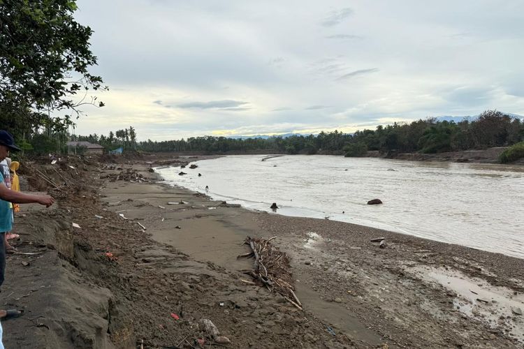 Penampakan permukiman di Desa Pantee Lhong, Bireuen, Aceh yang tersapu Sungai Peusangan akibat banjir, Senin (15/12/2025). 
